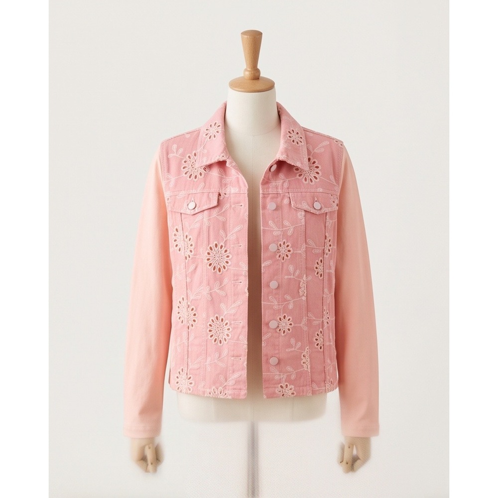Belle by Kim Gravel M Pink Peach Eyelet Floral Denim Jacket Medium A302964